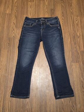 Womens Silver Jeans Elyse Capri Dark Blue Wash W26 L22.5 Thick Stitch Denim F20